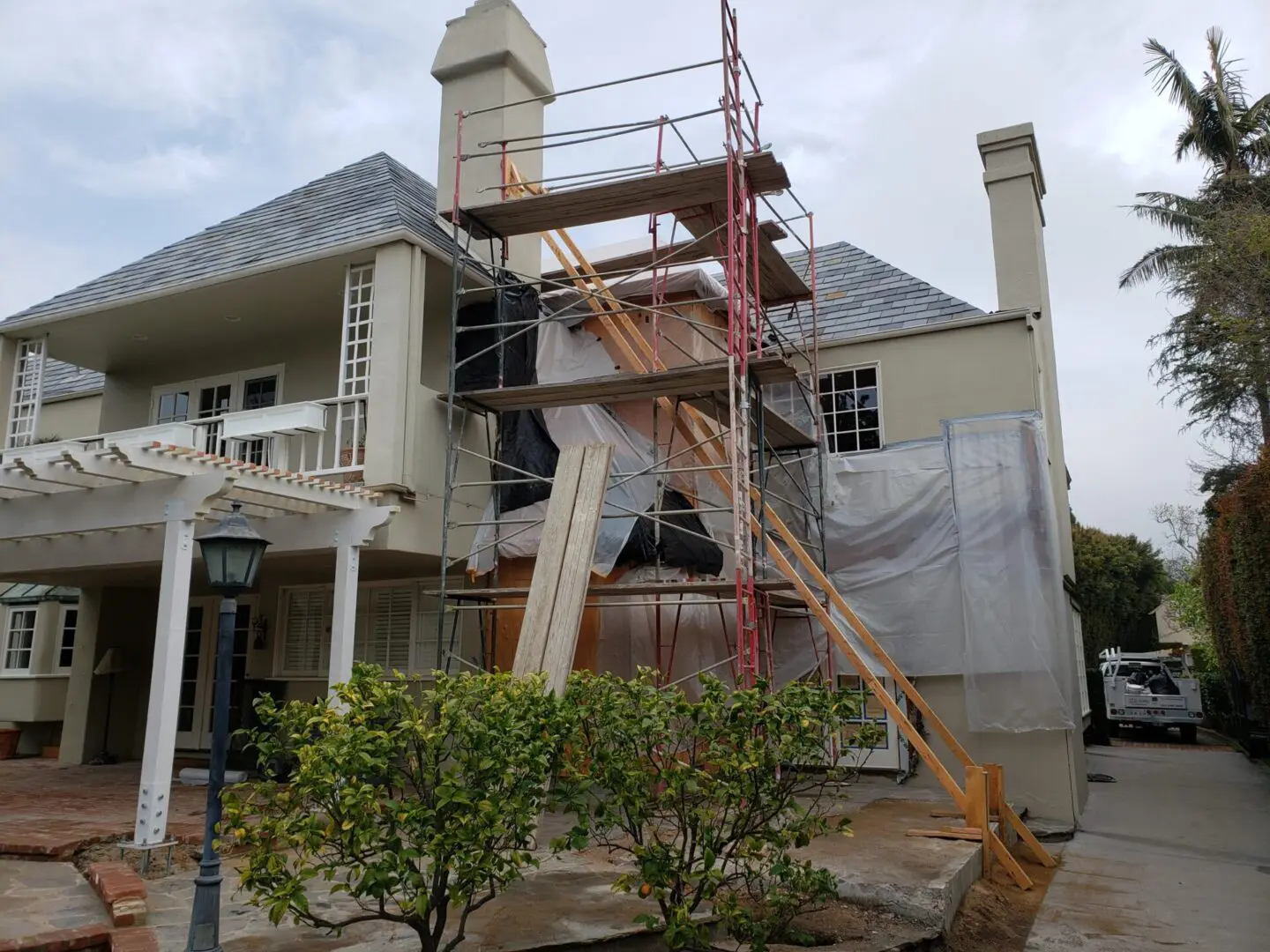 A building being built with scaffolding around it.